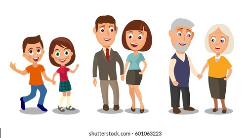 Set generations couples holding hands. Different ages from child to old people. Color flat vector illustration isolated on white background