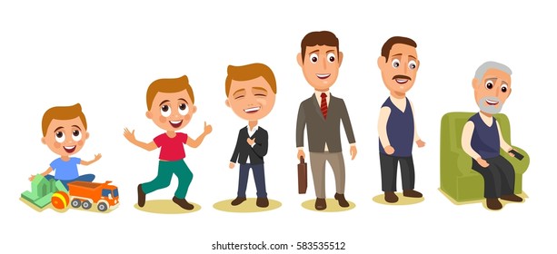 Set generations mans different ages from child to grandfather. Color flat vector illustration isolated on white background