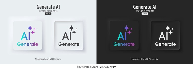 Conjunto de IA generativo en estilo neumorfismo blanco y negro. Botones activos e inactivos. Concepto de aprendizaje automático. La IA entra por Instrucción de mando para generar ideas. UI UX diseño, Ilustración vectorial.