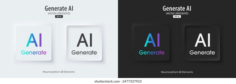 Set of Generative AI in black and white neumorphism style. Active and inactive buttons. Machine learning concept. AI enters by command prompt to generate ideas. UI UX design, Vector illustration.