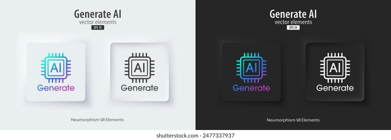 Conjunto de IA generativo en estilo neumorfismo blanco y negro. Botones activos e inactivos. Concepto de aprendizaje automático. La IA entra por Instrucción de mando para generar ideas. UI UX diseño, Ilustración vectorial.