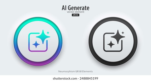 Set of generative AI buttons. Active and inactive buttons with generated icons. Press the button to create ideas. Neumorphism design style for apps, websites, and Interfaces. Vector illustration.