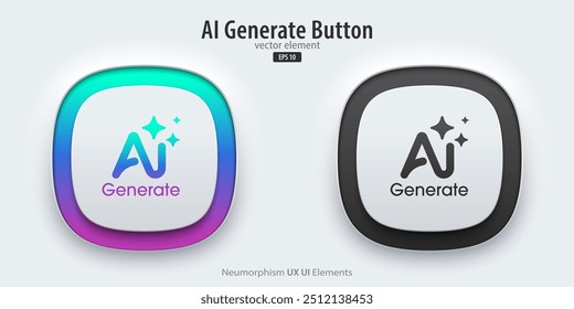 Satz generativer KI-Tasten. Aktive und inaktive Schaltflächen mit generierten Symbolen. Drücken Sie den Knopf, um Ideen zu erstellen. Neumorphismus-Design-Stil für Apps, Websites und Schnittstellen. Vektorgrafik.