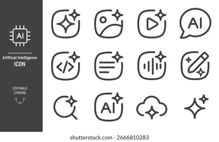 Set of Generative AI icons. Artificial intelligence sign with sparkle stars symbol. AI assistant chatbot. Voice, Image, video, and search. Web user interface for UI UX design. Vector editable stroke.