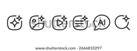 Set of Generative AI icons. Artificial intelligence sign with sparkle stars symbol. AI assistant chatbot. Voice, Image, video, and search. Web user interface for UI UX design. Vector editable stroke.