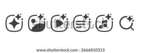 Set of Generative AI icons. Artificial intelligence sign with sparkle stars symbol. AI assistant chatbot. Voice, Image, video, and search. Web user interface for UI UX design. Vector editable stroke.