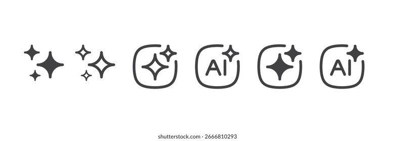 Set of Generative AI icons. AI sign with magic sparkle stars symbol. Artificial intelligence concept. Chatbot and Assistant. Web user interface for UI UX design. Vector illustration. Editable Stroke.