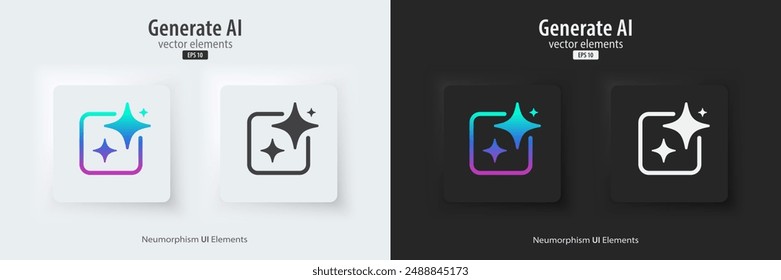 Set of generative AI square buttons. Press the button to create ideas. Neumorphism design style for apps, websites, and Interfaces. Artificial intelligence technology. Vector illustration.