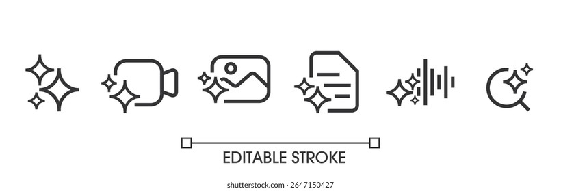 Set of Generative AI user interface. AI star with media icon. AI logotype. Artificial intelligence technology concept. Icon Element for website, mobile app. Vector illustration. Editable stroke.