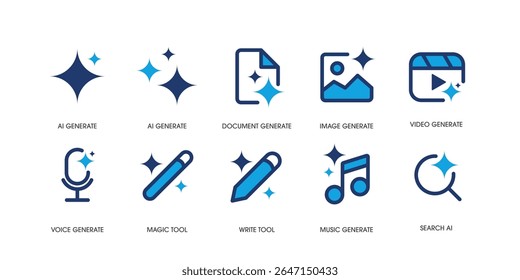 Set of Generative AI user interface. AI star with media icon. AI tool. Artificial intelligence technology concept. Icon Element for website, mobile app. Vector illustration.