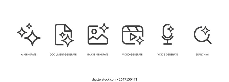 Set of Generative AI user interface. AI star with media icon. AI tool. Artificial intelligence technology concept. Icon Element for website, mobile app. Vector illustration.