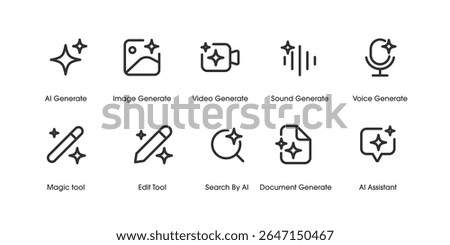 Set of Generative AI user interface. AI star with media icon. AI logotype. Artificial intelligence technology concept. Icon Element for website, mobile app. Vector illustration. Editable stroke.