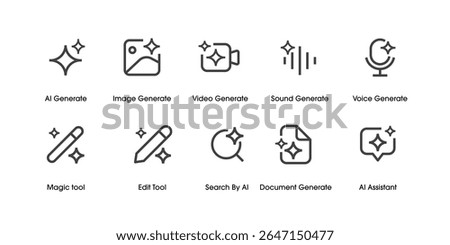 Set of Generative AI user interface. AI star with media icon. AI logotype. Artificial intelligence technology concept. Icon Element for website, mobile app. Vector illustration. Editable stroke.