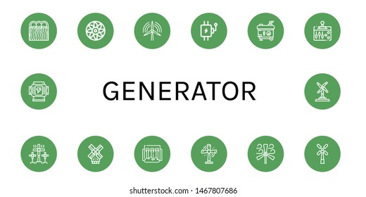 Set of generator icons such as Hydro power, Turbine, Wind turbine, Lever, Electric generator, Windmill, Generator ,