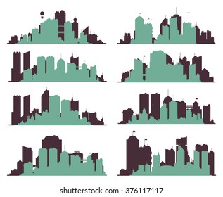 Set of generic big city skylines with building, towers and bridges