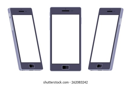 Set of the generic black smartphones. The objects are isolated against the white background and shown from different sides