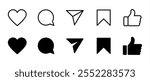 Set of generic social media user interface icons. Like, comment, share and save icons. Social media flat icons. Vector, flat outline icon isolated on white, 10 eps.