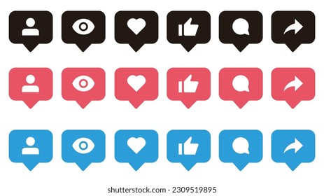 Set of generic social media user interface icons. View, like, comment, share and save icons. Social media flat icon.