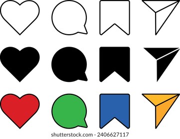 Set of generic social media user interface icons. Like, comment, share and save icons. Social media flat icon lined, isolated and colored style. Vector illustration
