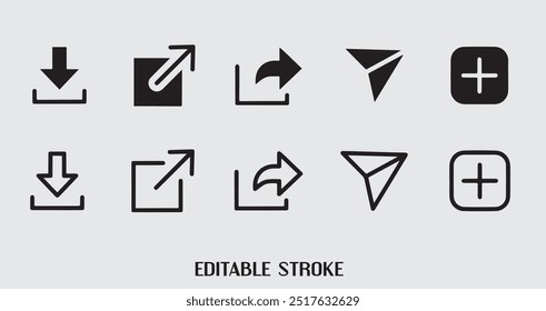 Set of generic social media user interface icons. Arrow for the website and app. Share , save, comment icon symbol logo illustration, editable stroke, flat design style isolated.