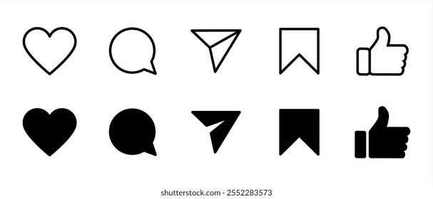 Set of generic social media user interface icons. Like, comment, share and save icons. Social media flat icons. Vector, flat outline icon isolated on white, 10 eps.