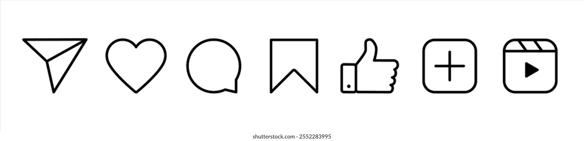 Conjunto de ícones genéricos da interface do usuário de mídia social. Como, comente, compartilhe e salve ícones. Ícones simples de mídia social. Vetor, ícone de contorno plano isolado em branco, vetor 10 eps.