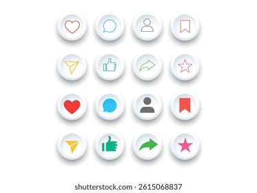 Set of generic social media user interface icons. Like, comment, share and save icons. Social media flat icon. Vector