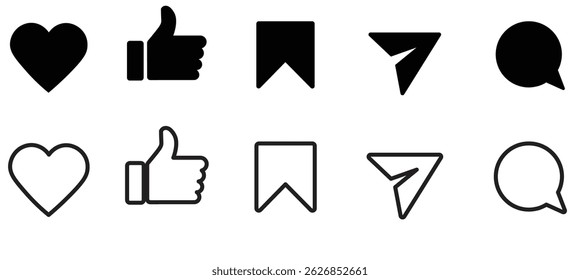Set of generic social media user interface icons. Like, comment, share and save icons. Social media flat icons. Vector, flat outline icon, 10 eps