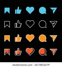 Set of generic social media user interface icons. Like, comment, share and save icons. Social media flat icons. Flat outline icon isolated collection