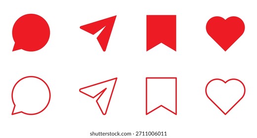 Set of generic social media user interface icons. Like, comment, share and save icons. Social media flat icon. Vector