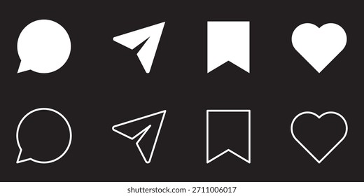 Set of generic social media user interface icons. Like, comment, share and save icons. Social media flat icon. Vector