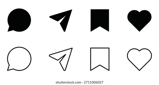 Conjunto de ícones genéricos da interface do usuário de mídia social. Como, comente, compartilhe e salve ícones. Ícone simples de mídia social. Vetor