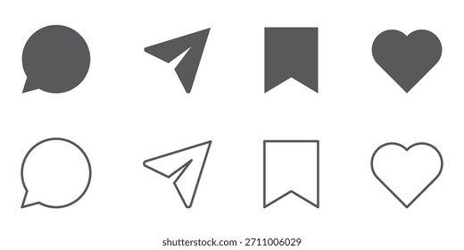 Set of generic social media user interface icons. Like, comment, share and save icons. Social media flat icon. Vector
