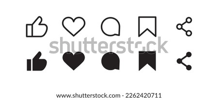 Set of generic social media user interface icons. Like, comment, share and save icons. Social media flat. Arrow for the website and app