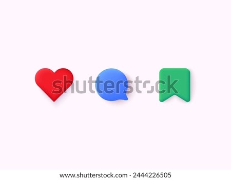 Set of generic social media user interface icons. Like, comment, share and save icons. 3D Web Vector Illustrations.