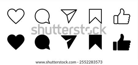 Set of generic social media user interface icons. Like, comment, share and save icons. Social media flat icons. Vector, flat outline icon isolated on white, 10 eps.