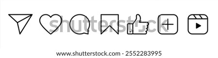 Set of generic social media user interface icons. Like, comment, share and save icons. Social media flat icons. Vector, flat outline icon isolated on white, vector 10 eps.