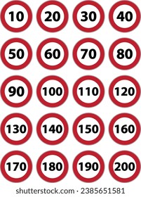 A set of generic speed limit signs with black number and red circle vector art