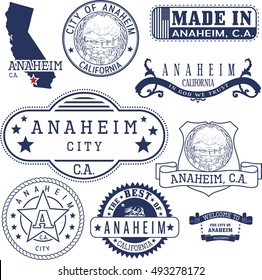 Set Of Generic Stamps And Signs Of Anaheim City, California