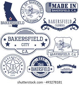 Set of generic stamps and signs of Bakersfield city, California