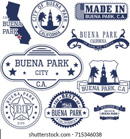 Set of generic stamps and signs of Buena Park city, California