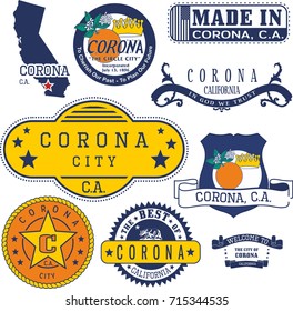 Set of generic stamps and signs of Corona city, California