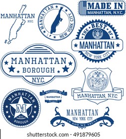 Set of generic stamps and signs of Manhattan borough, New York City