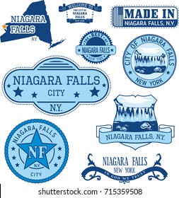 Set of generic stamps and signs of Niagara Falls city, New York state