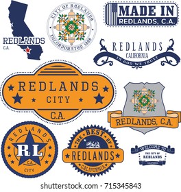 Set of generic stamps and signs of Redlands city, California