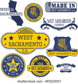 Set of generic stamps and signs of West Sacramento city, California
