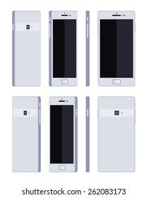 Set of the generic white smartphones. The objects are isolated against the white background and shown from different sides