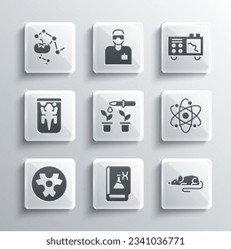 Set Genetic engineering book, Experimental mouse, Atom, Pipette and plant, Biohazard symbol, animal, Genetically modified food and Spectrometer icon. Vector