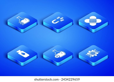Set Gentechnik, DNA-Forschung, Suche, Bioengineering, Medizinische Durchstechflasche, Ampulle, Magnet mit Geld und Kreuzbandage Gips-Symbol. Vektor