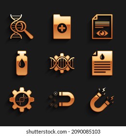 Set Genetic engineering, Magnet with money, lightning, Clipboard blood test,  and Medical vial, ampoule icon. Vector